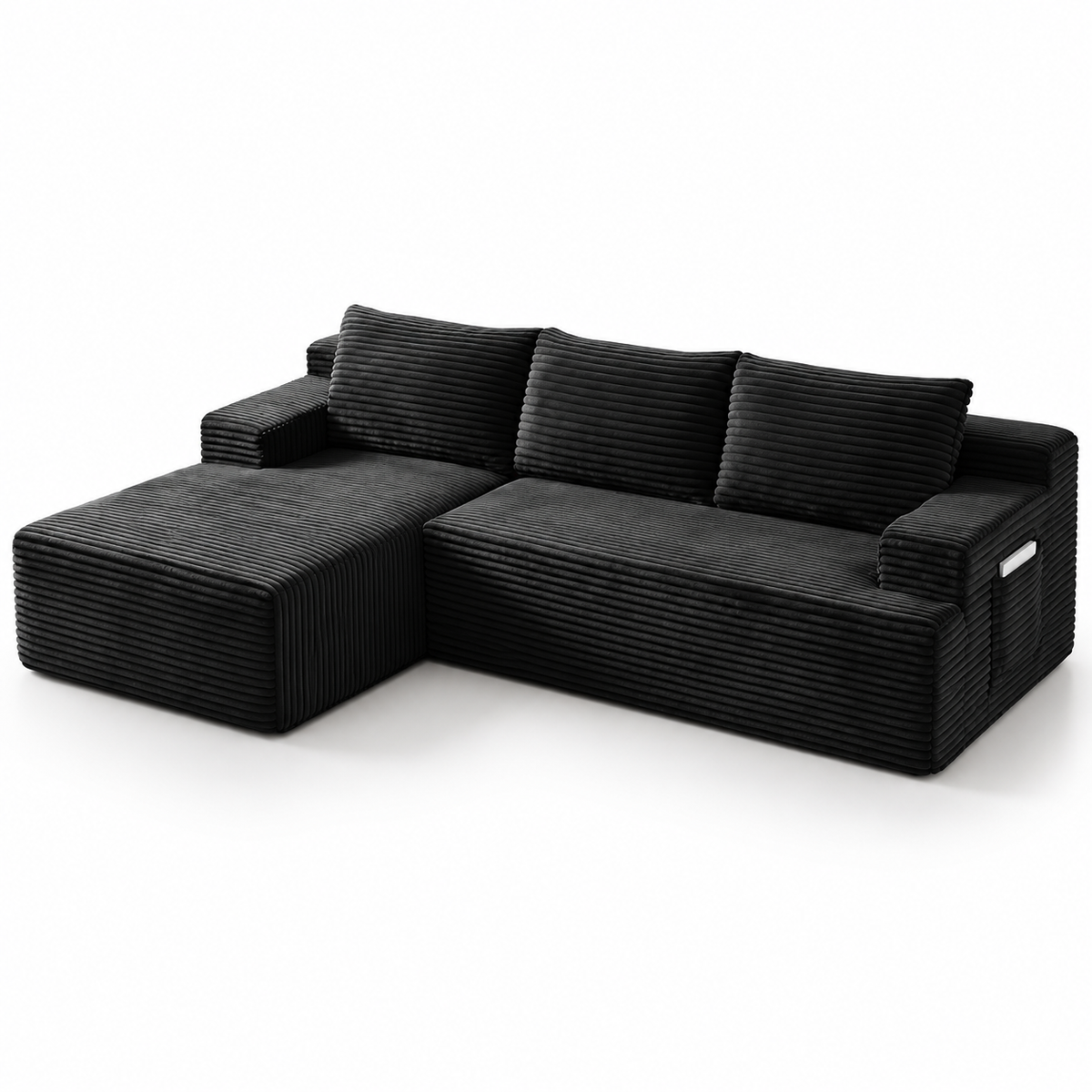 Black corduroy boneless cloud sectional sofa with left-facing chaise and side pocket