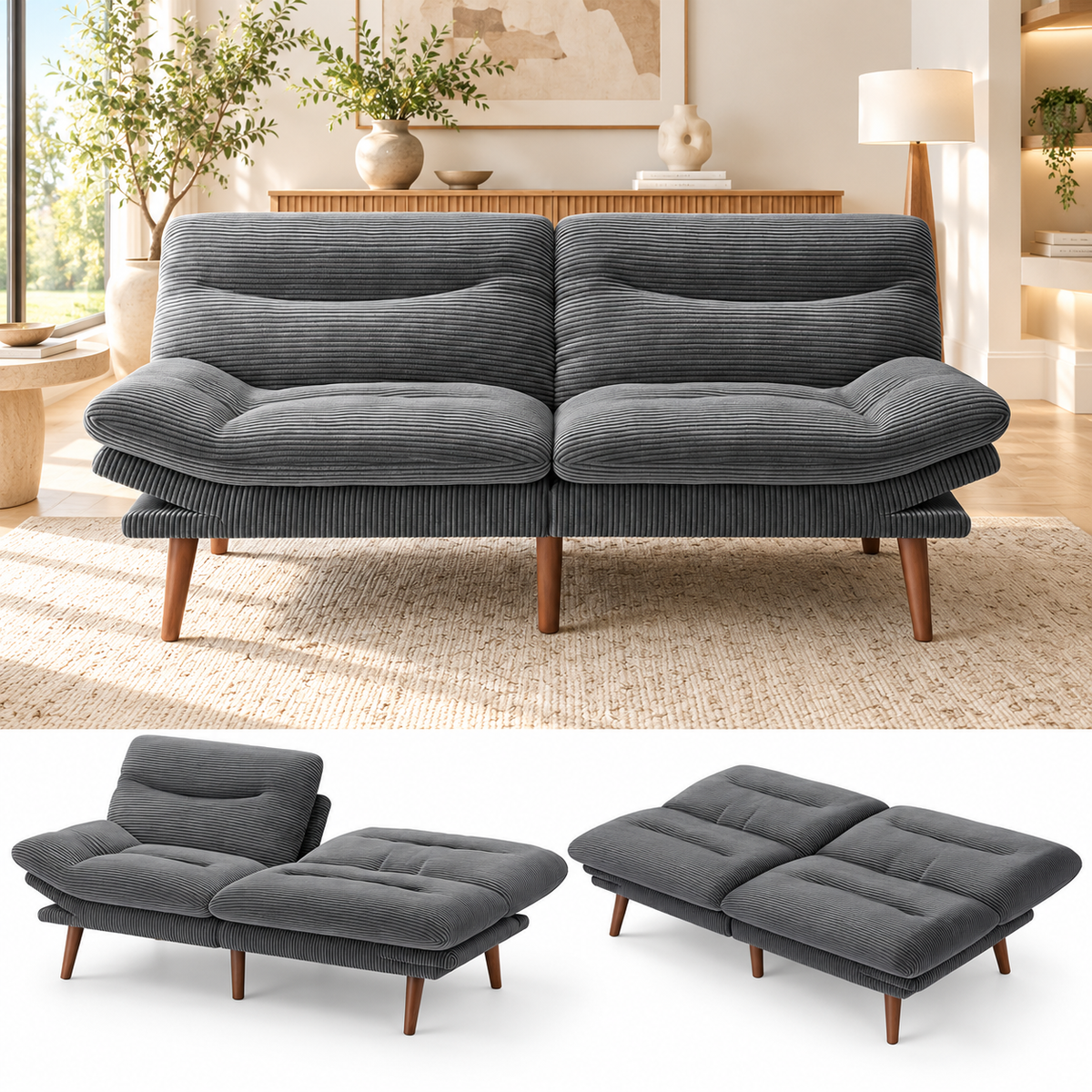Gray corduroy convertible futon sofa bed with wood legs, shown upright, reclined and flat