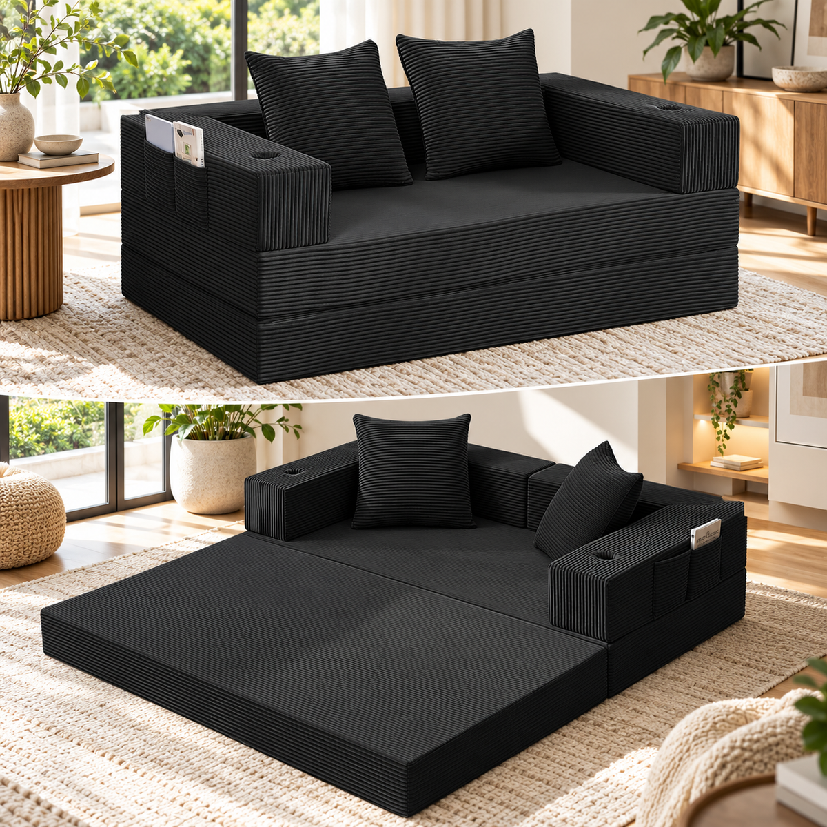 Low-profile black corduroy floor futon sofa shown in sofa mode and unfolded floor bed mode