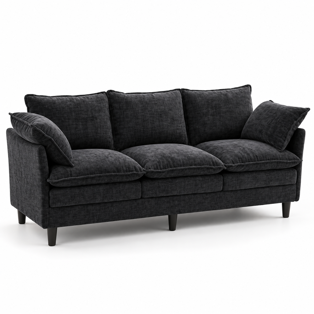 Charcoal black chenille 3-seat cloud sofa with deep cushions and tapered legs
