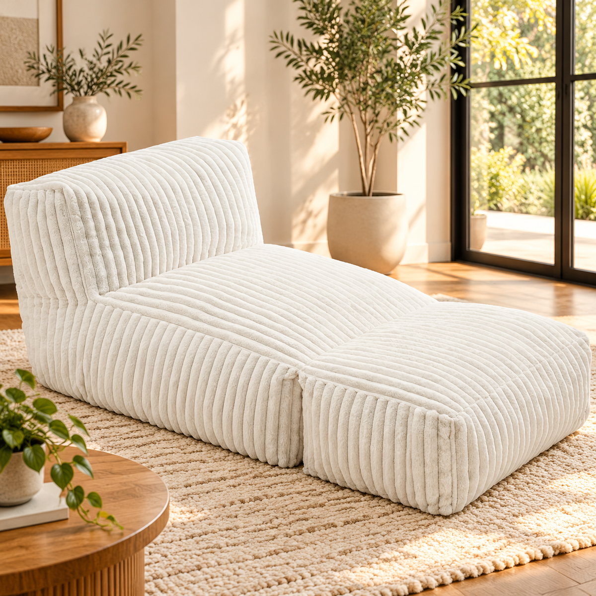 White ribbed plush bean bag sofa lounger with built-in leg section in a sunny living room