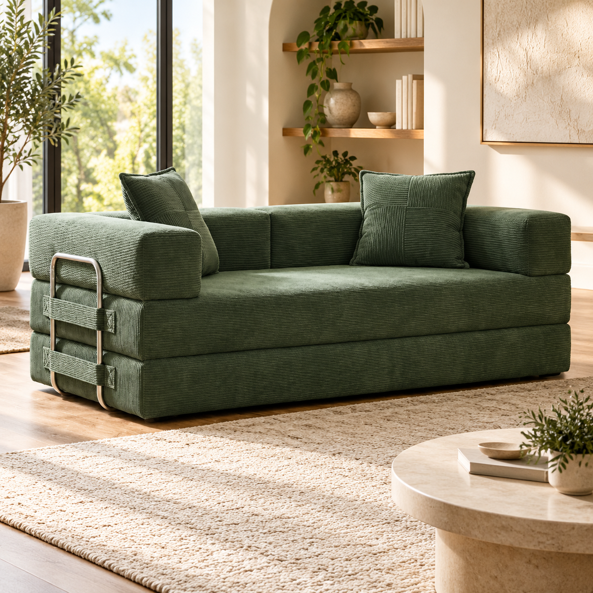 Green corduroy convertible futon sofa bed with wide arms and two pillows