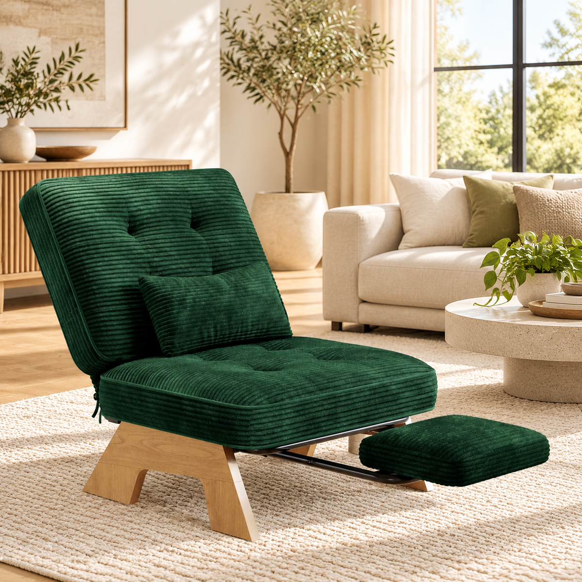 Dark green corduroy lounge chair with pull-out footrest, lumbar pillow and wood base