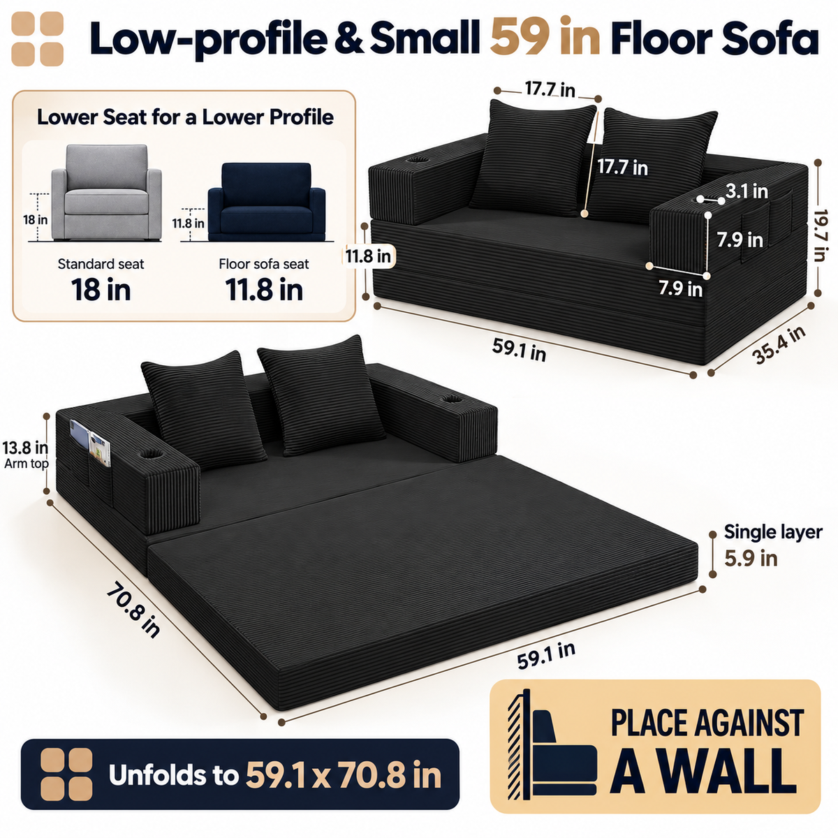 Floor futon dimension chart: 59.1 in W x 35.4 in D x 19.7 in H, 11.8 in seat height, unfolds to 59.1 x 70.8 in, 5.9 in layers