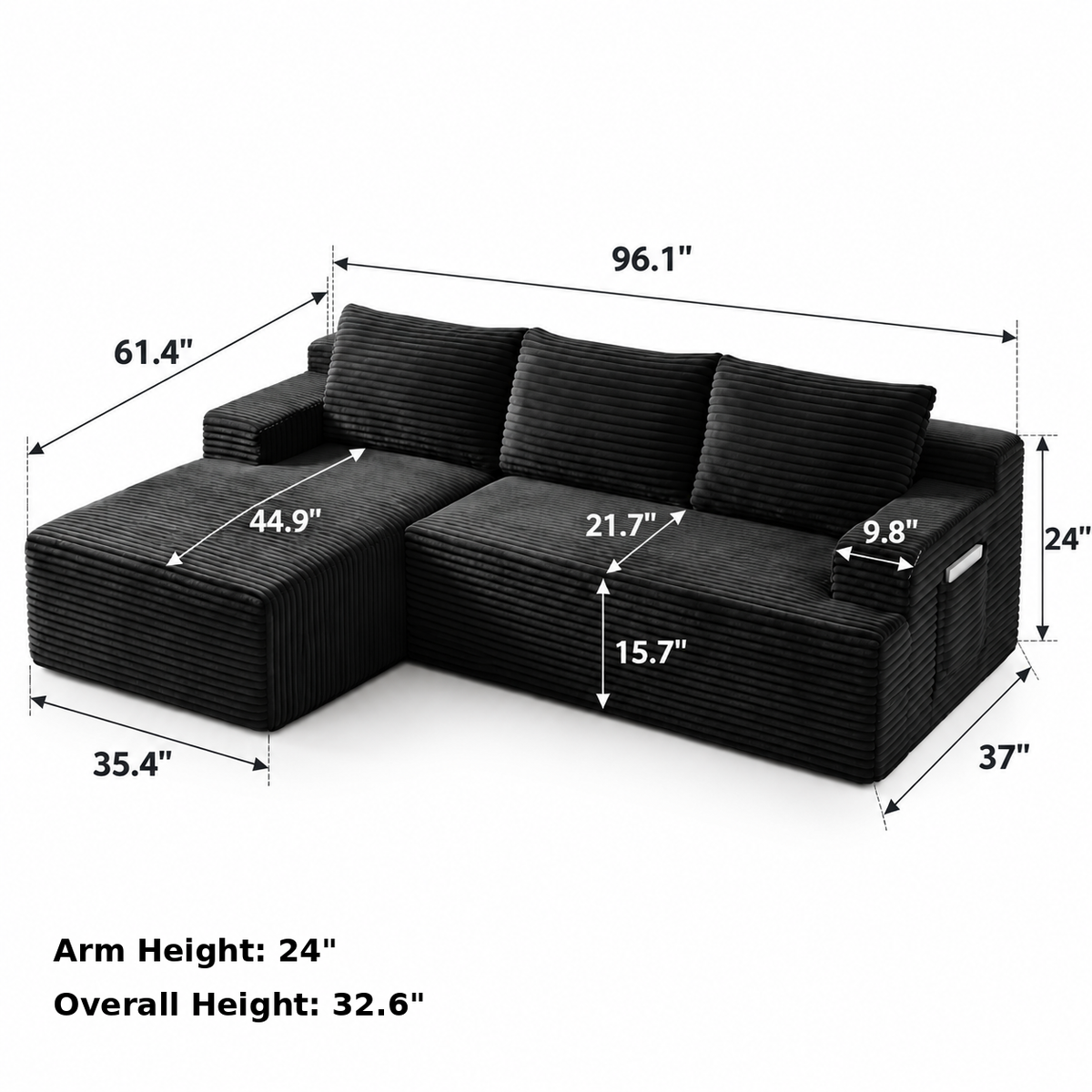 Sectional dimensions: 96.1 in W x 61.4 in D, 32.6 in overall height, 24 in arm height, 37 in main depth, 35.4 in chaise width, 44.9 in chaise seat, 21.7 in seat depth, 15.7 in seat height, 9.8 in arms