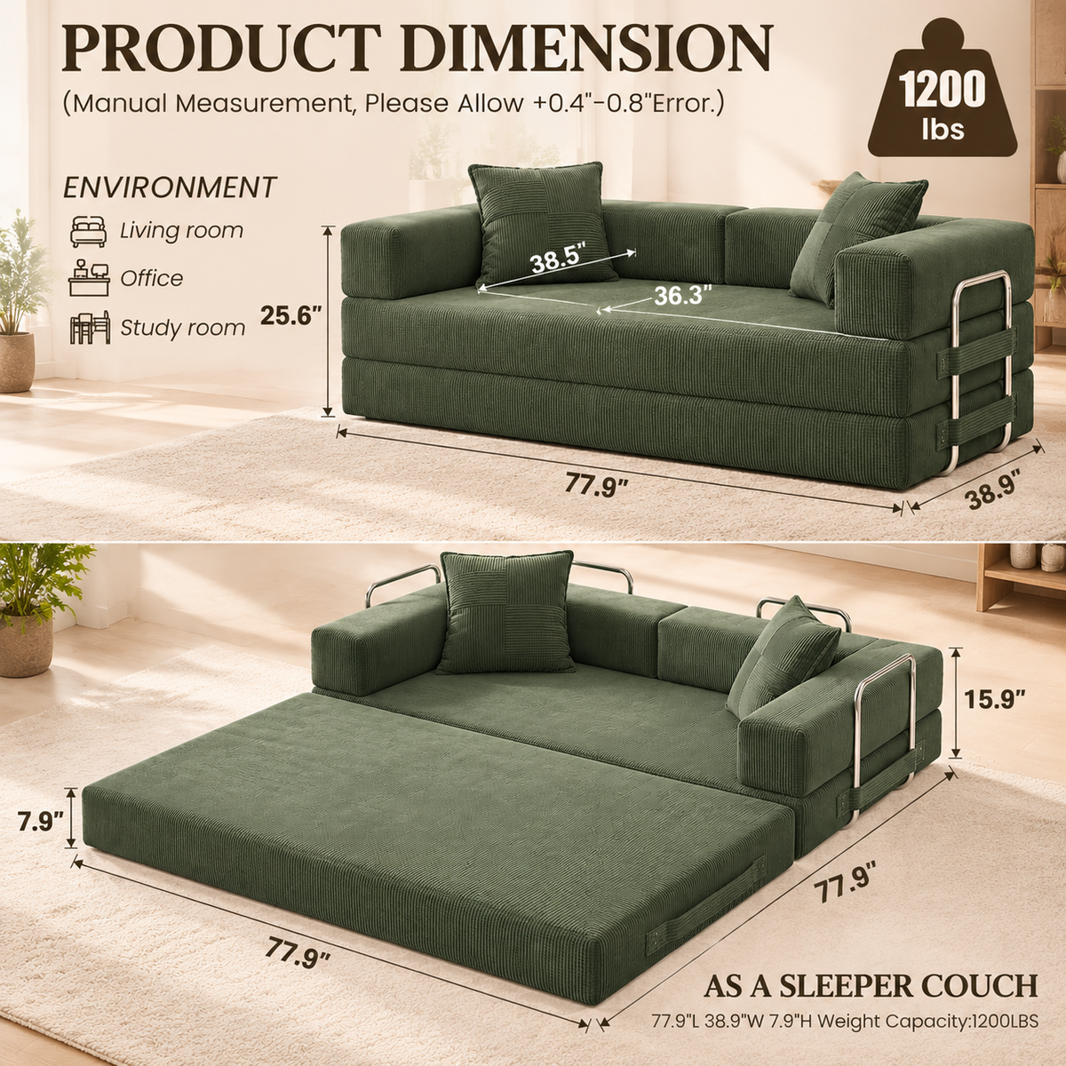 Futon sofa bed dimensions: 77.9 in W x 38.9 in D x 25.6 in H; bed 77.9 x 77.9 x 7.9 in; 1200 lb capacity