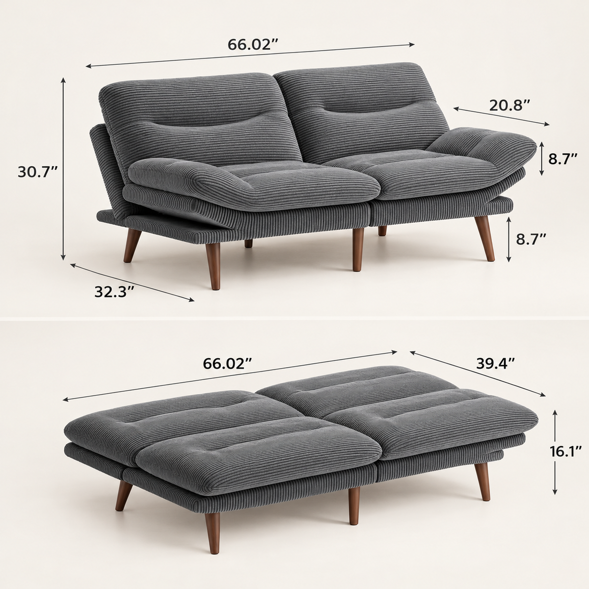 Futon dimensions: 66.02 in W x 32.3 in D x 30.7 in H, 20.8 in arms, 8.7 in legs; bed 66.02 x 39.4 in, 16.1 in high