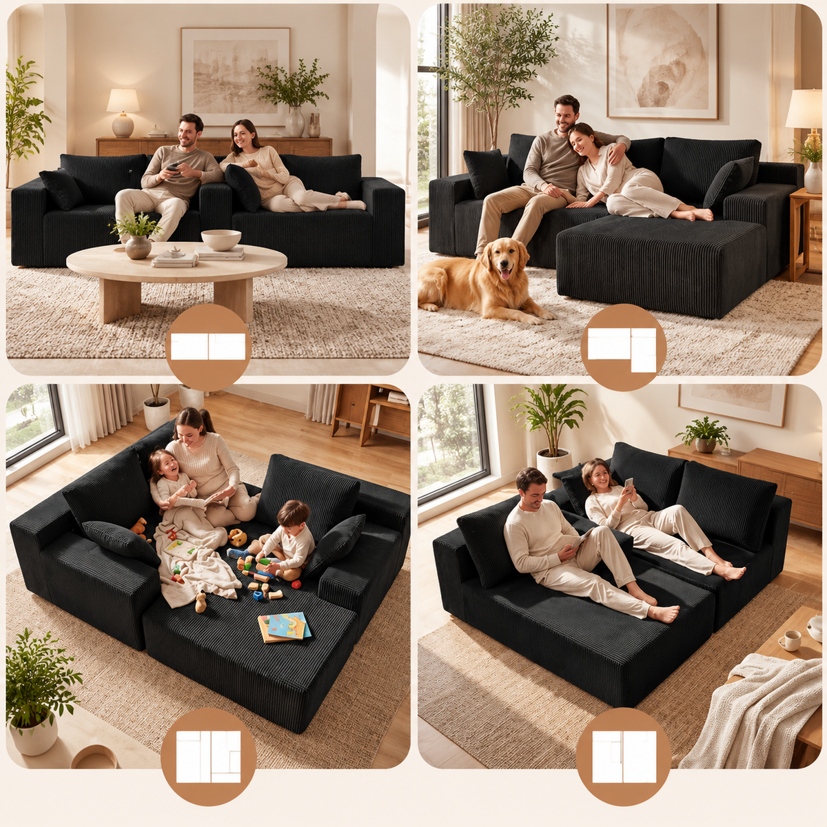 Four modular layouts of the black corduroy sectional with family, kids and dog
