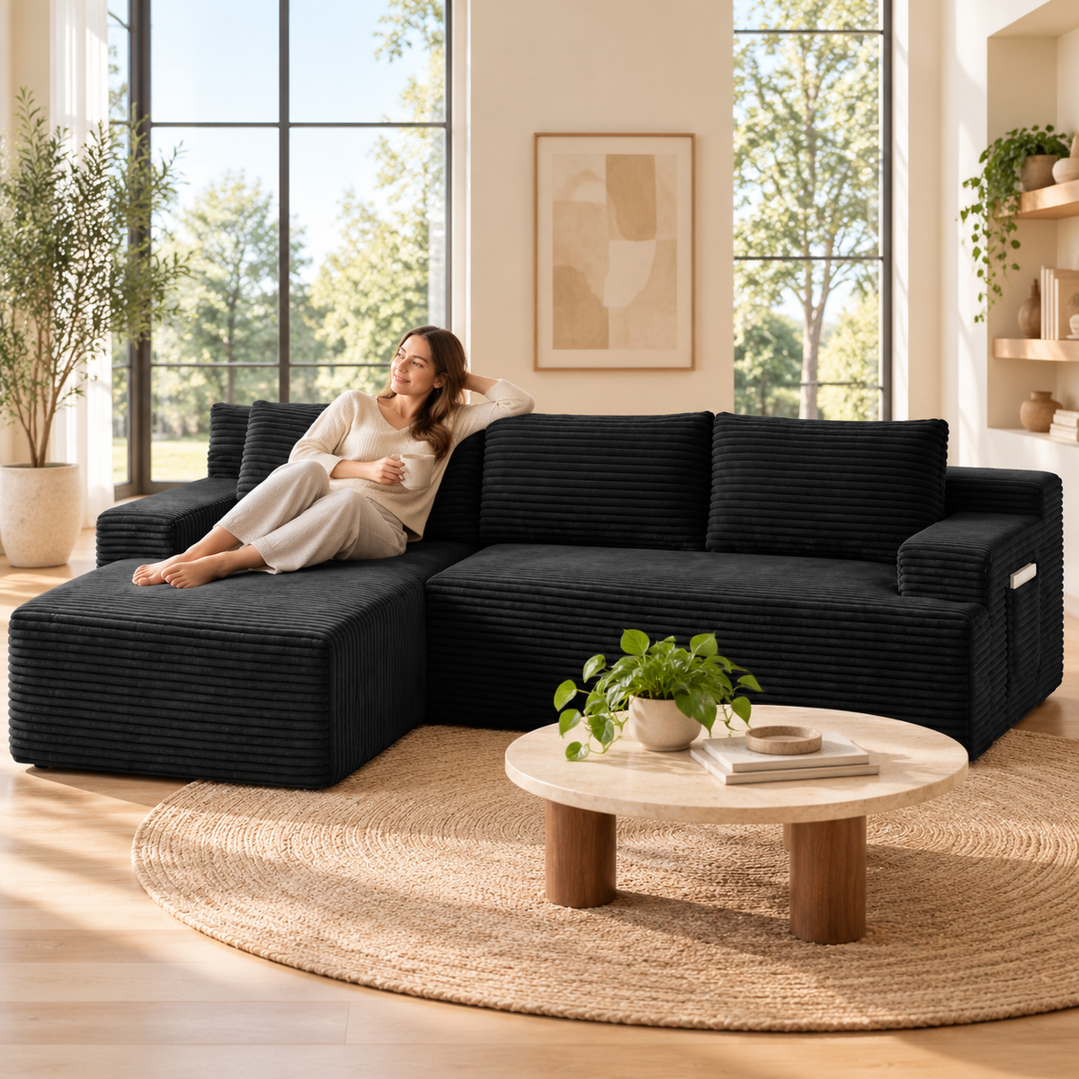 Woman relaxing on the chaise of the black corduroy cloud sectional in a sunlit living room