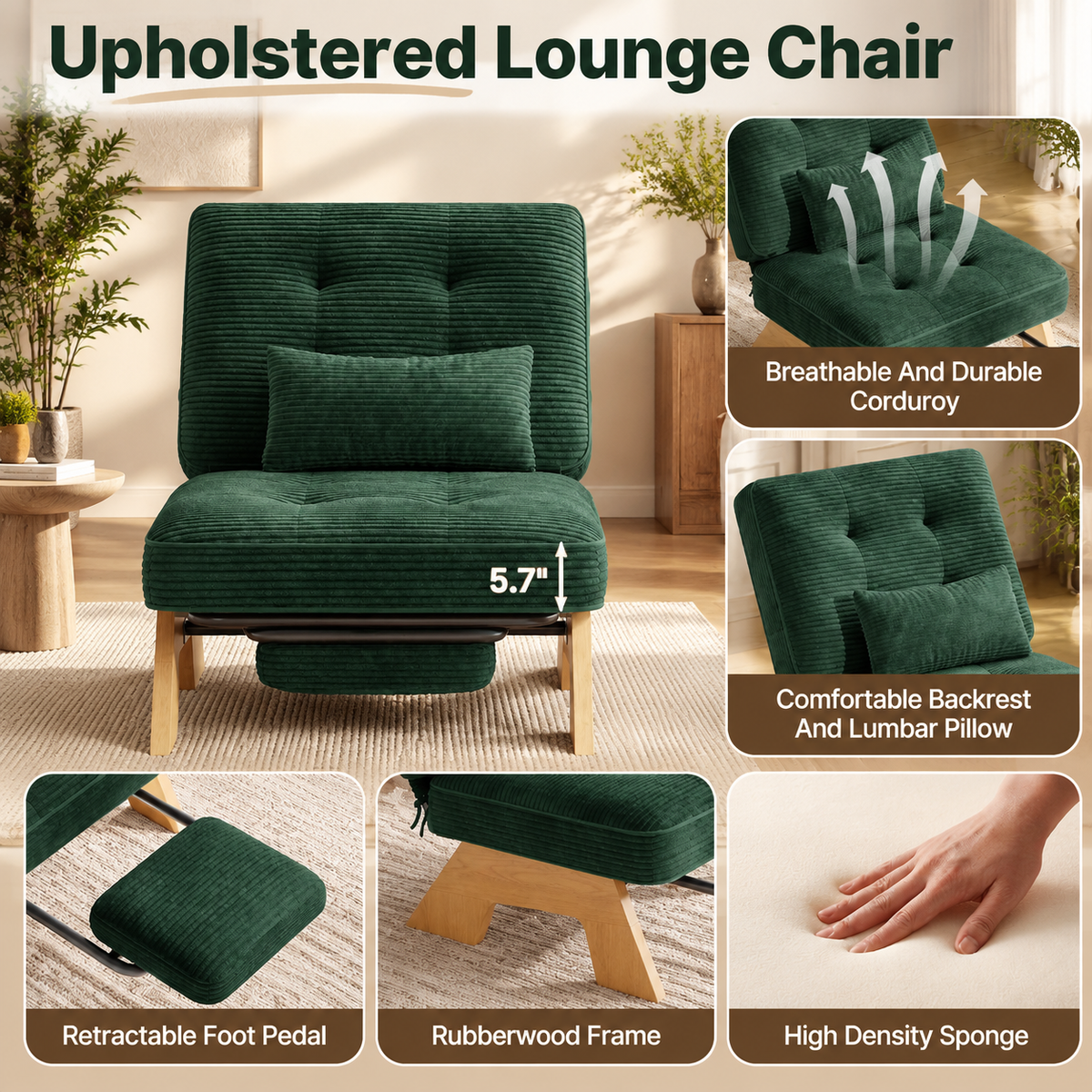 Corduroy lounge chair features: breathable corduroy, lumbar pillow, retractable footrest, rubberwood frame, high-density foam