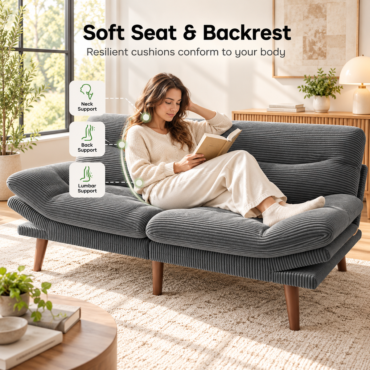 Woman reading on the gray corduroy futon with neck, back and lumbar support