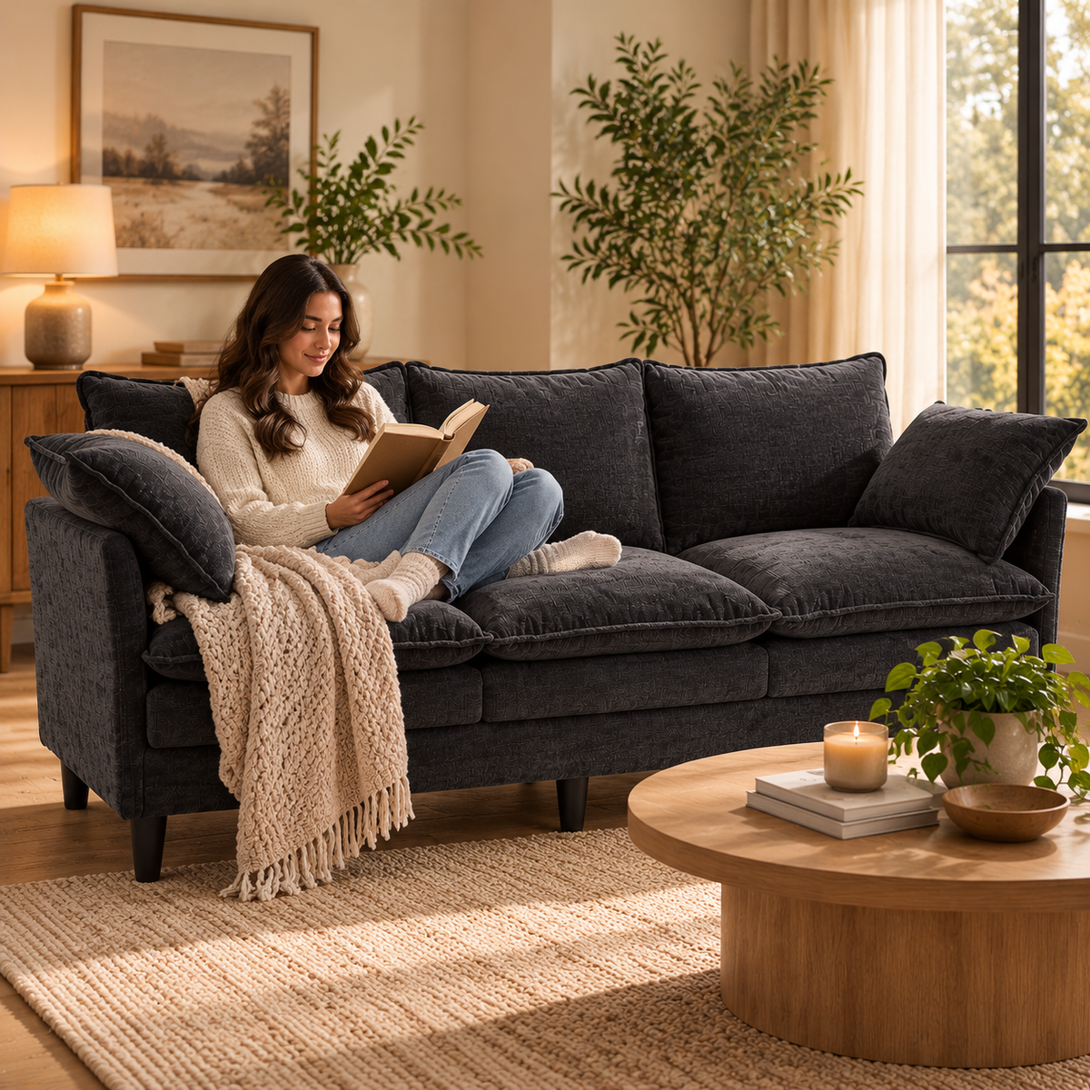 Woman reading on the deep-seat charcoal chenille sofa with a knit throw