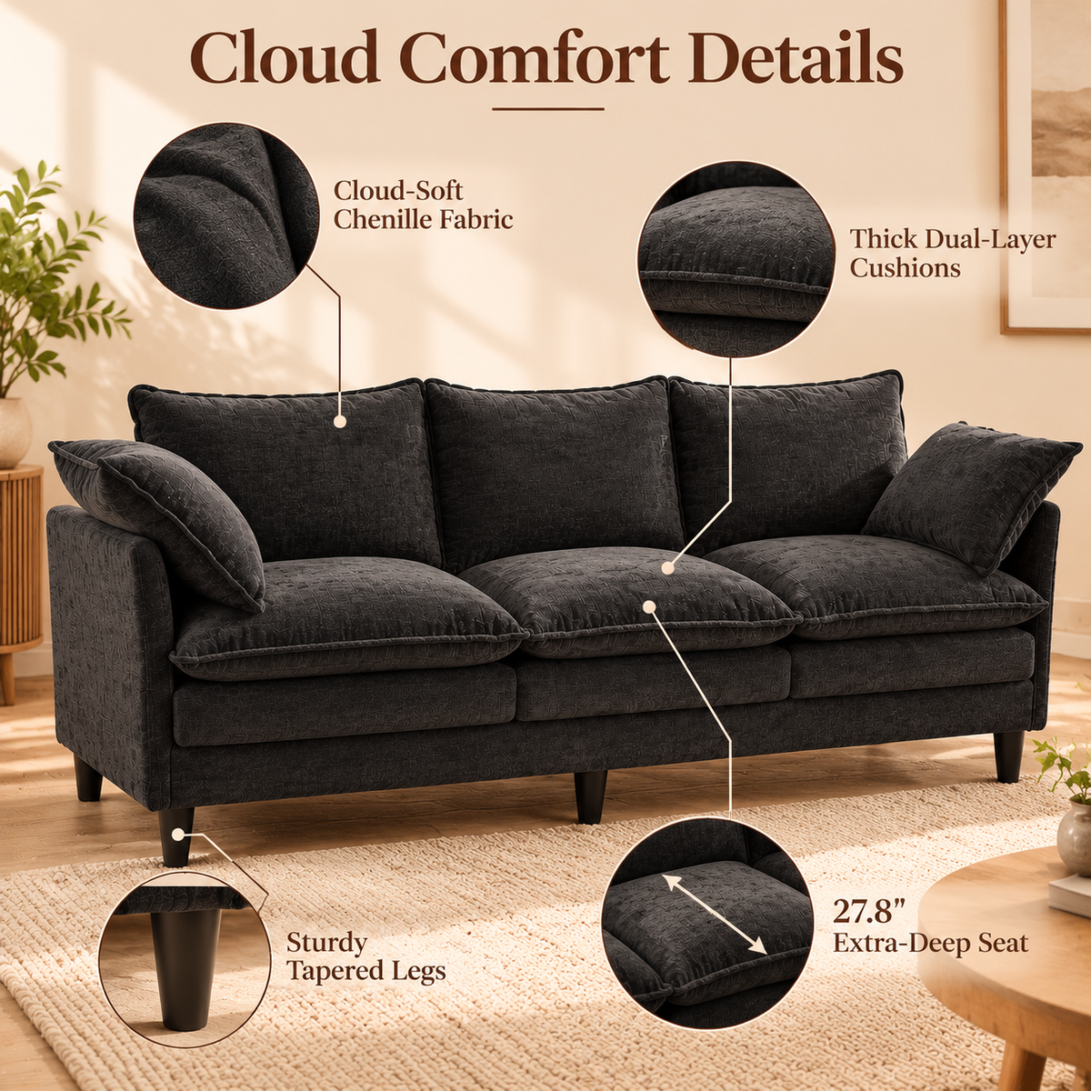 Sofa details: cloud-soft chenille fabric, thick dual-layer cushions, 27.8 in extra-deep seat, sturdy tapered legs