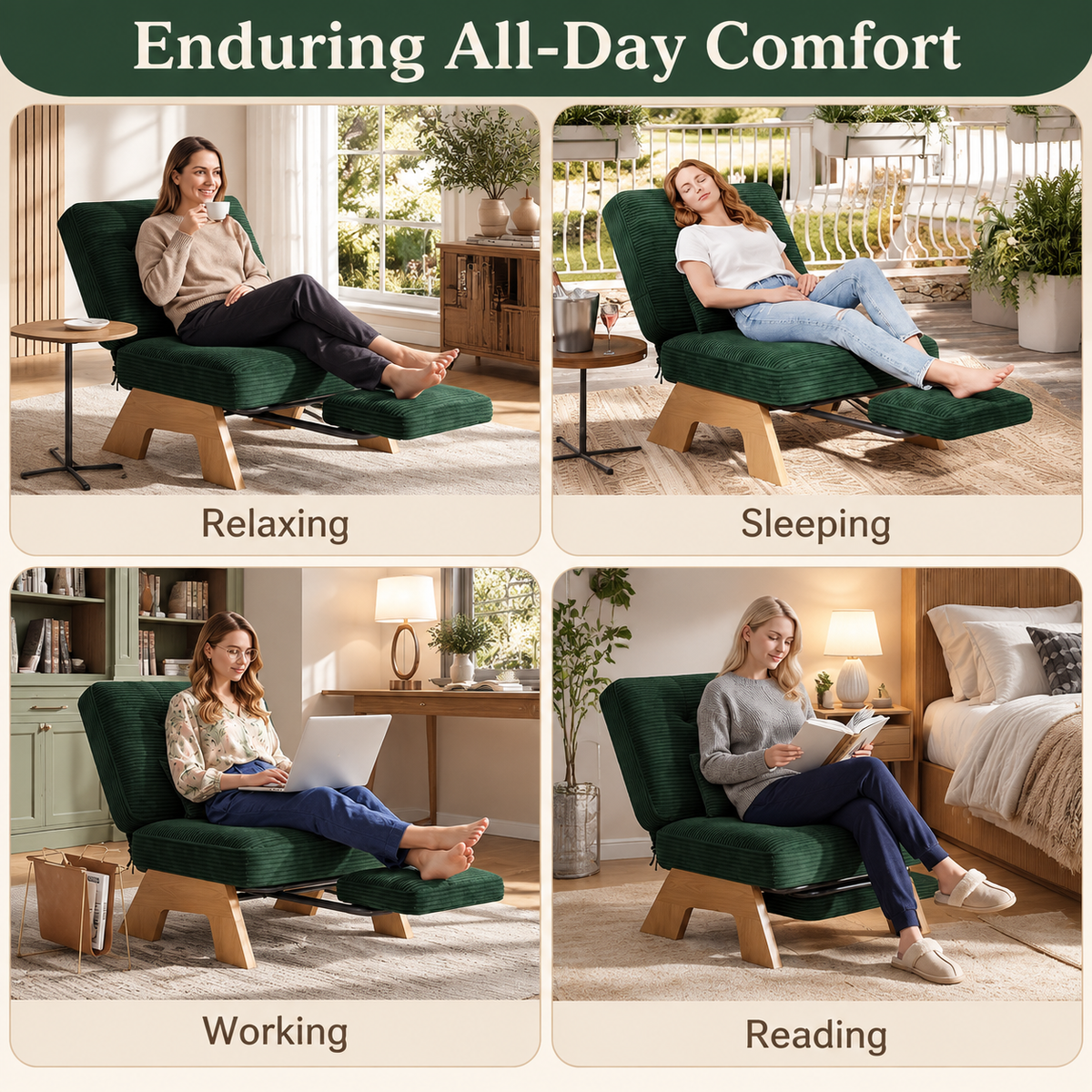 Dark green corduroy lounge chair used for relaxing, sleeping, working and reading