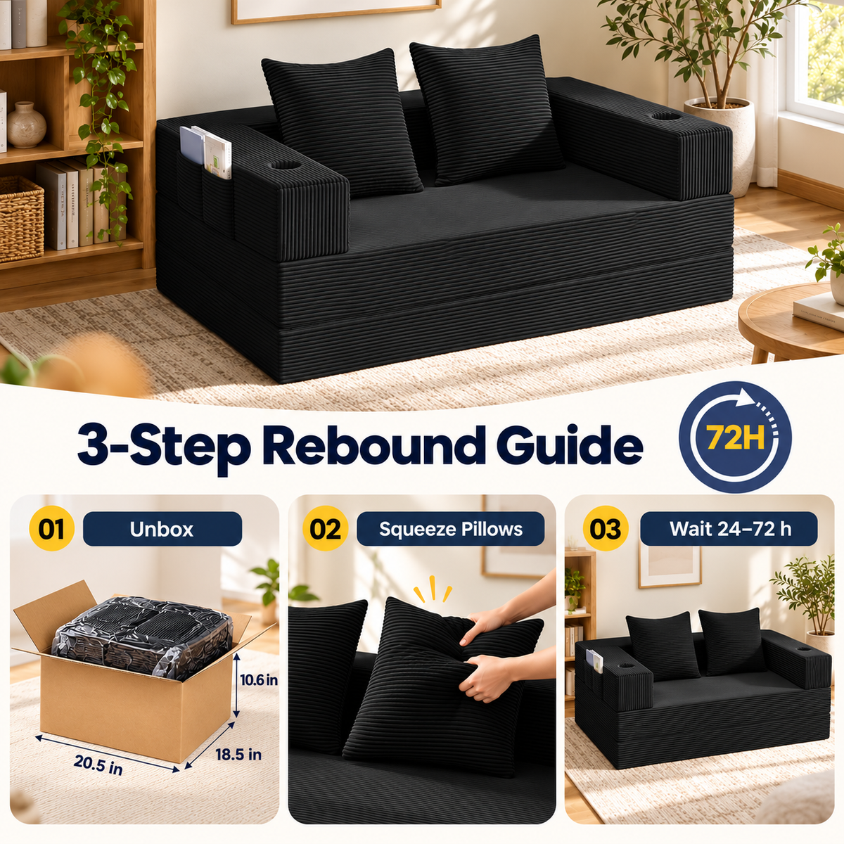 Rebound guide: unbox, squeeze pillows, wait 24 to 72 hours; box 20.5 x 18.5 x 10.6 in