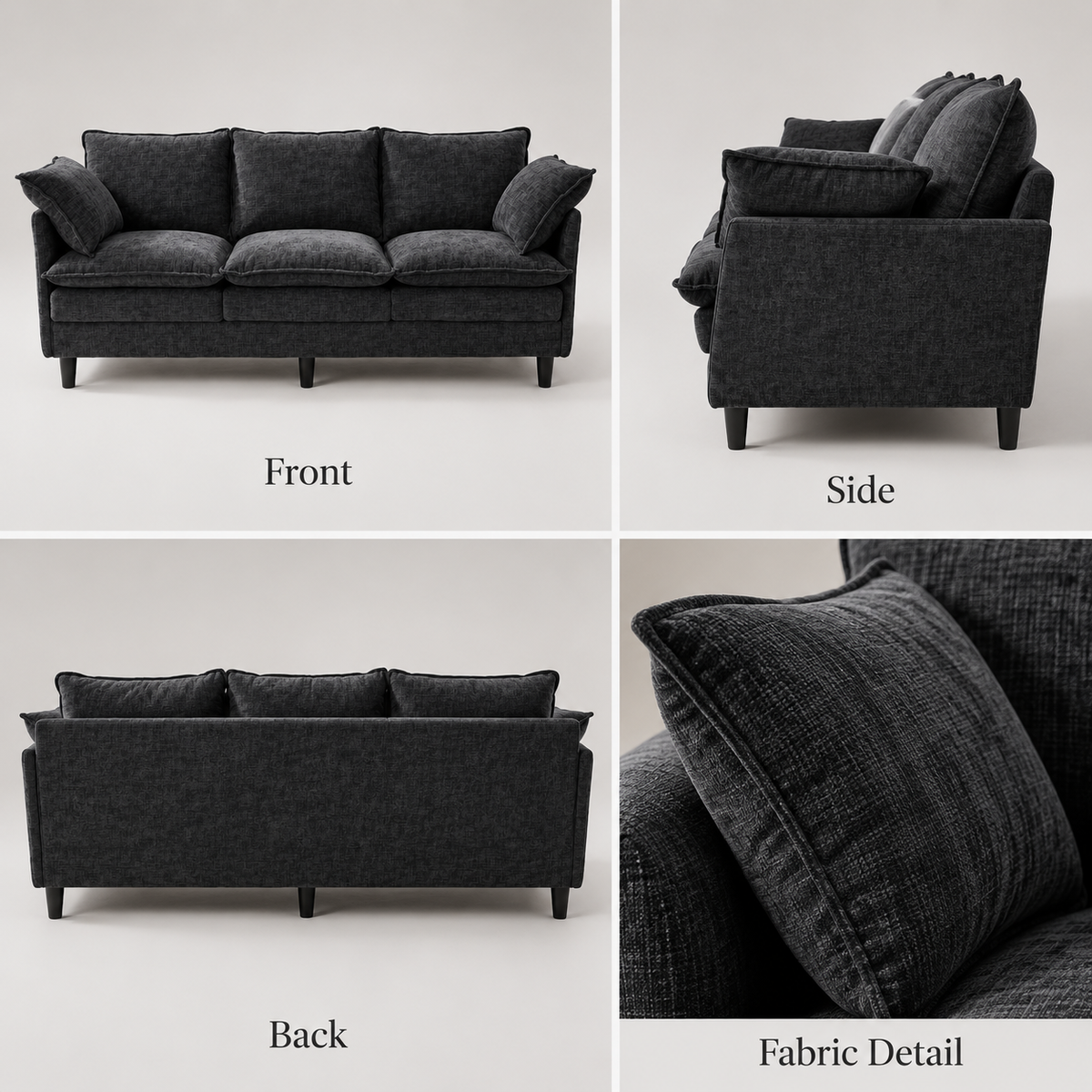Front, side and back views of the 3-seat sofa with a chenille fabric close-up