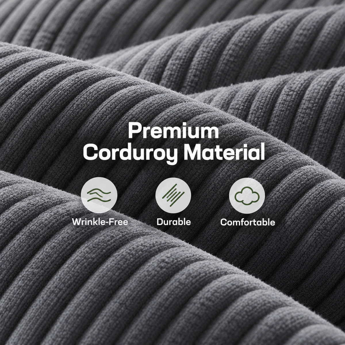 Close-up of gray corduroy fabric: wrinkle-free, durable, comfortable