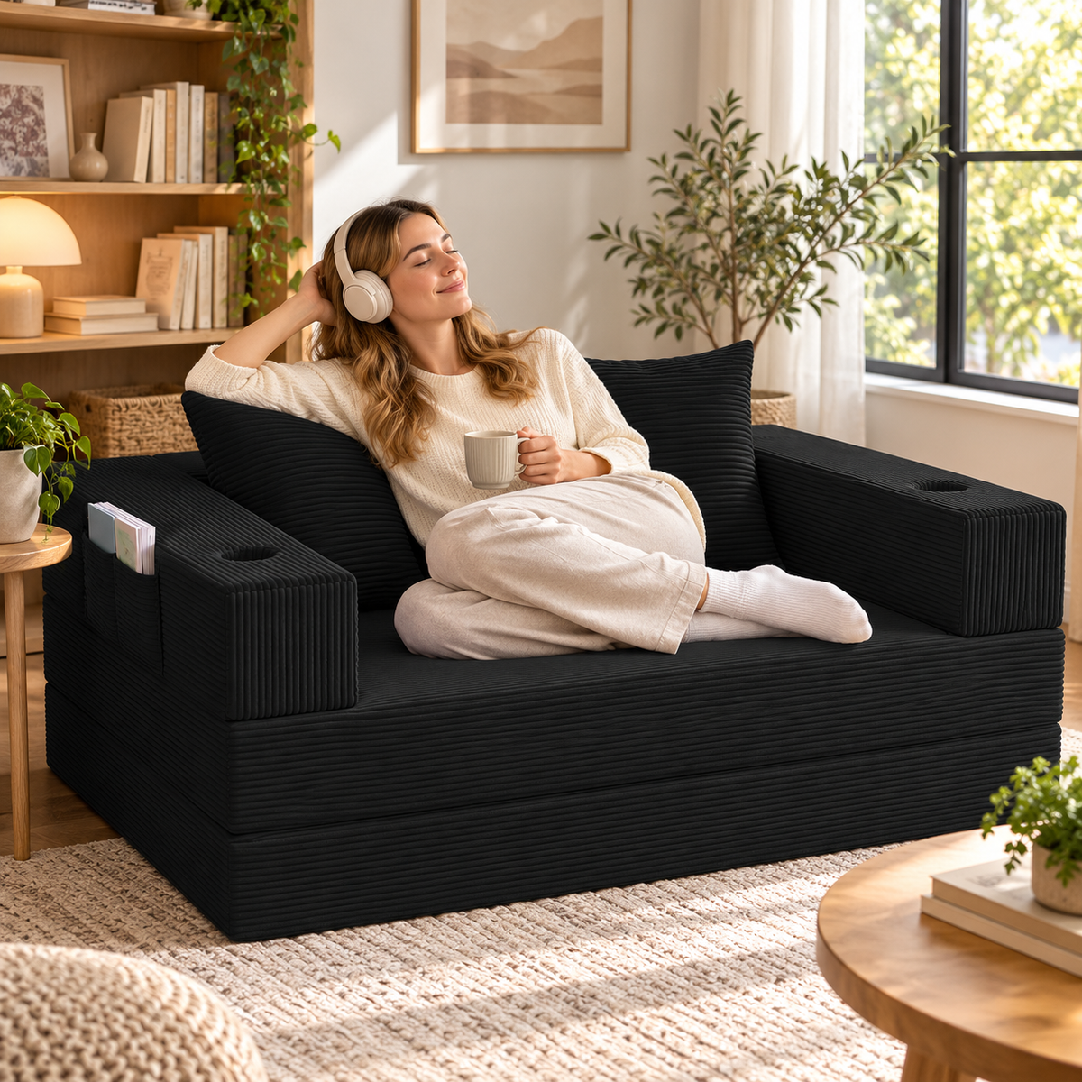 Woman relaxing with headphones and a mug on the black corduroy floor futon sofa
