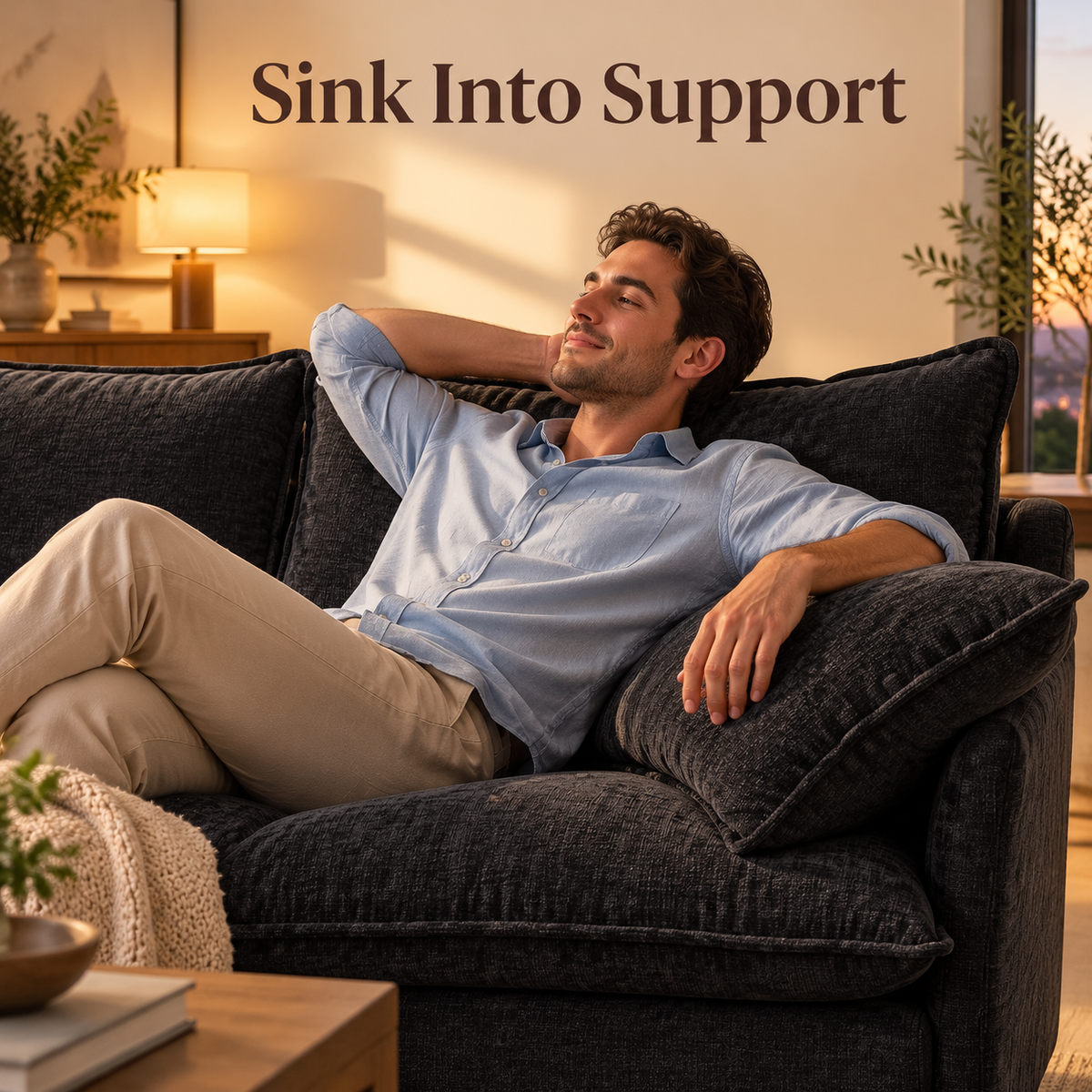 Man relaxing on the charcoal chenille cloud sofa