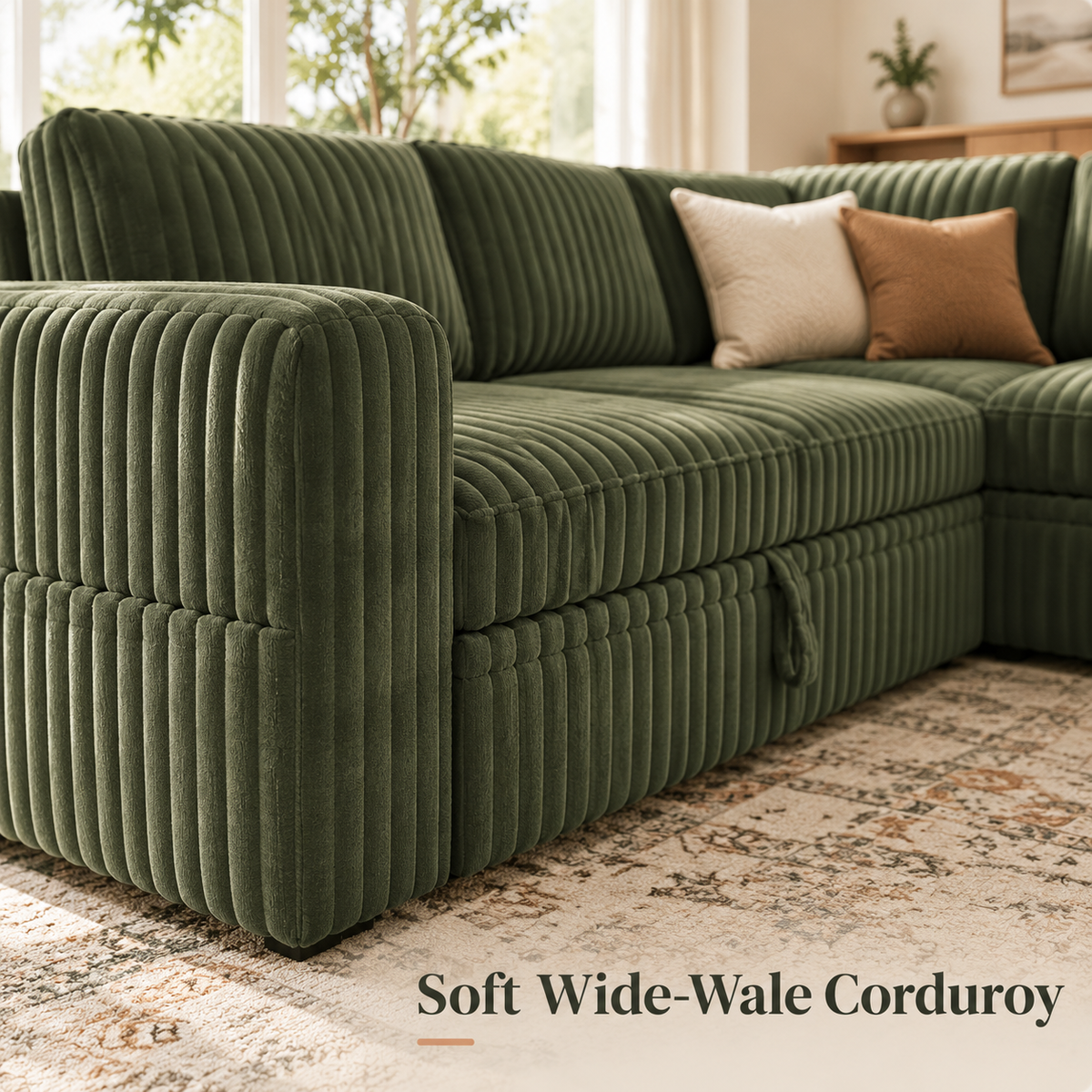 Close-up of soft wide-wale corduroy on the sectional arm and cushions