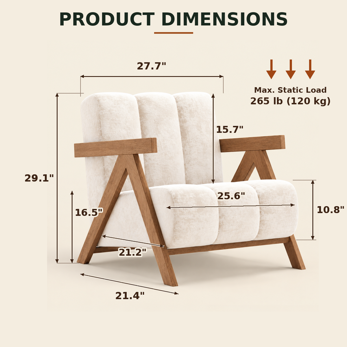 Product dimensions: 27.7 x 21.4 x 29.1 inch chair, 25.6 x 21.2 inch seat, 10.8 inch foam, 265 lb max static load