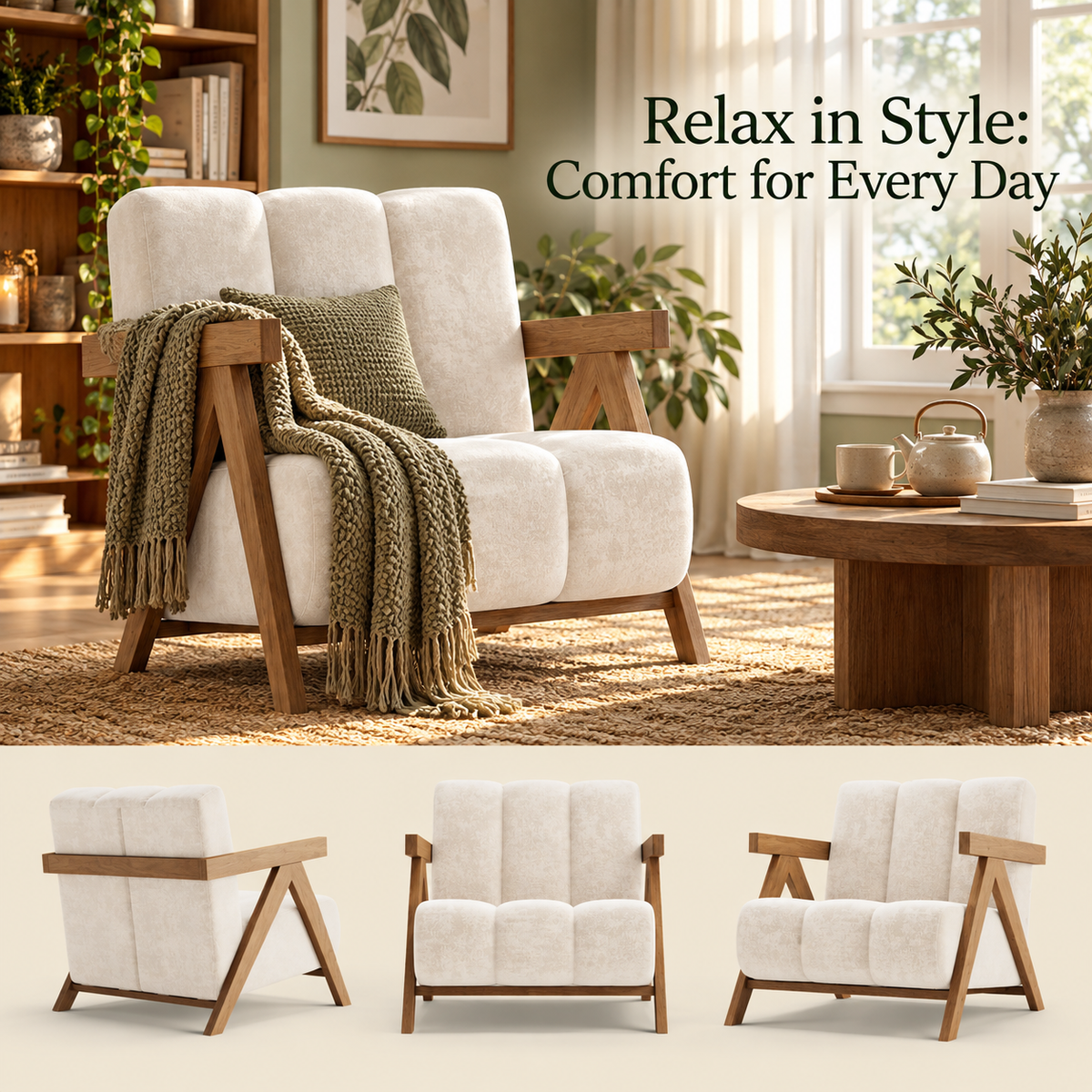 Chenille wood frame chair in a living room with front, side and angled views