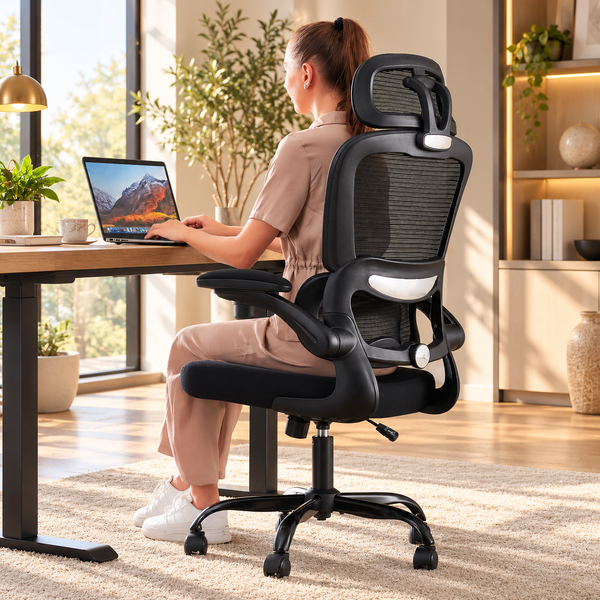 Compact Ergonomic Mesh Office Chair with Adjustable Headrest, Flip-Up Arms and Lumbar Support, 330 lb Capacity