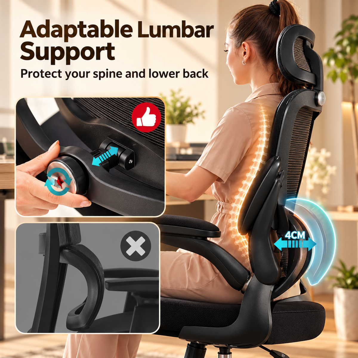 Adjustable lumbar support knob with 4 cm depth range on a black mesh chair