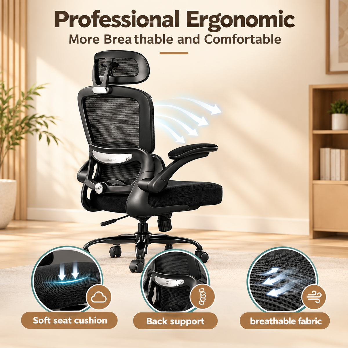 Black mesh ergonomic chair with soft seat cushion, back support, and breathable fabric