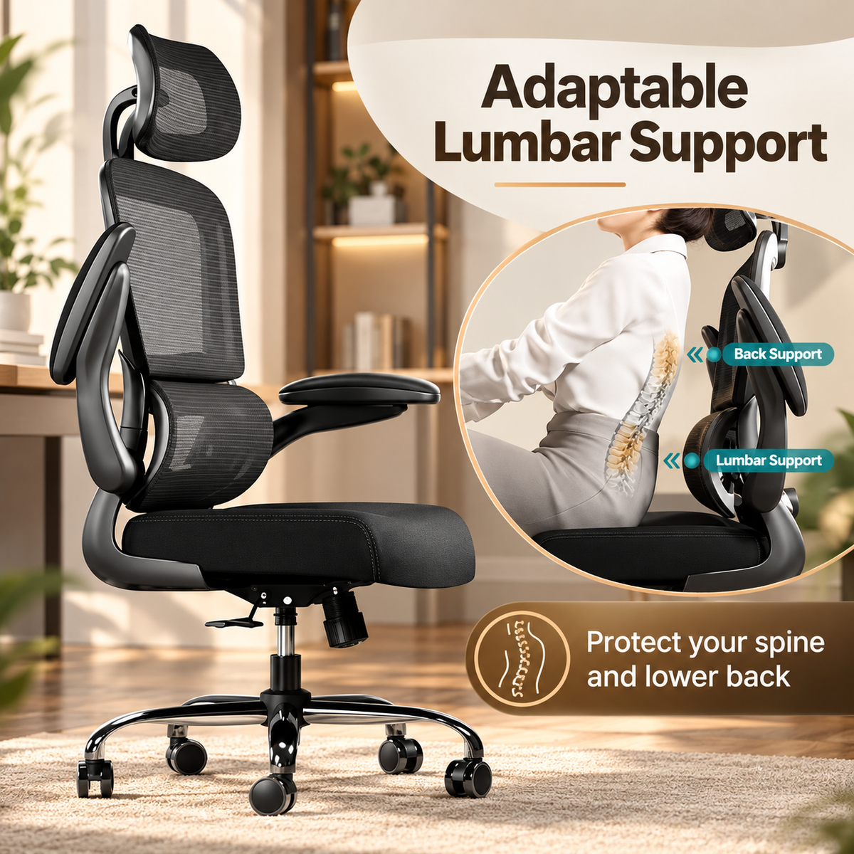 Black mesh ergonomic chair showing lumbar and back support for the spine