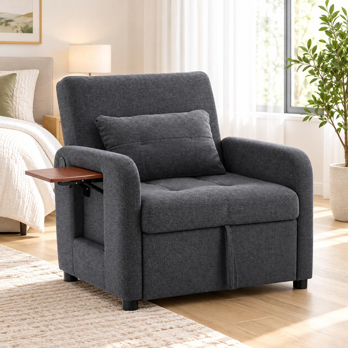 Charcoal gray convertible single sleeper chair with lumbar pillow and fold-down side table