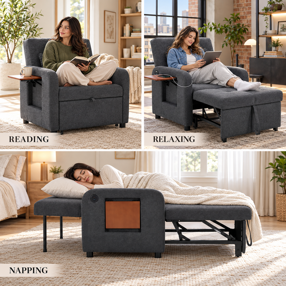 Sleeper chair used for reading, relaxing with the footrest out and napping as a bed