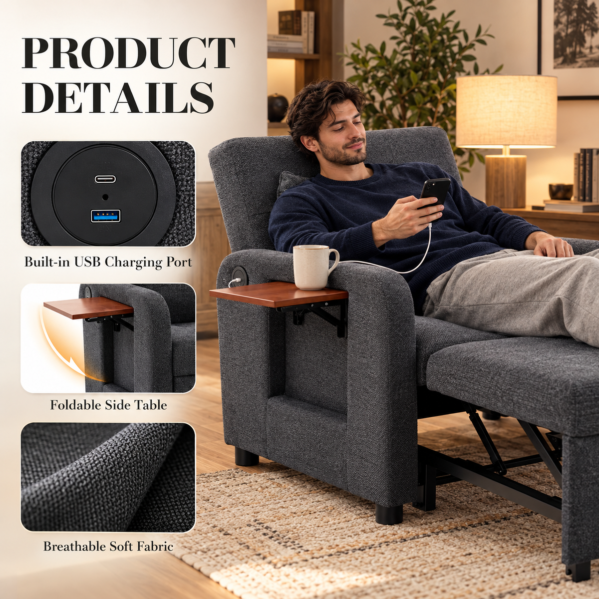 Product details: built-in USB charging port, foldable side table and breathable soft fabric