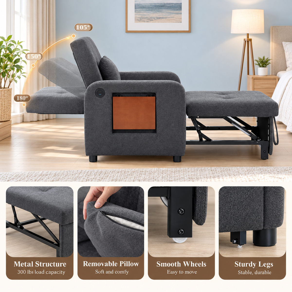 Backrest positions at 105, 150 and 180 degrees with metal structure, removable pillow, wheels and sturdy legs