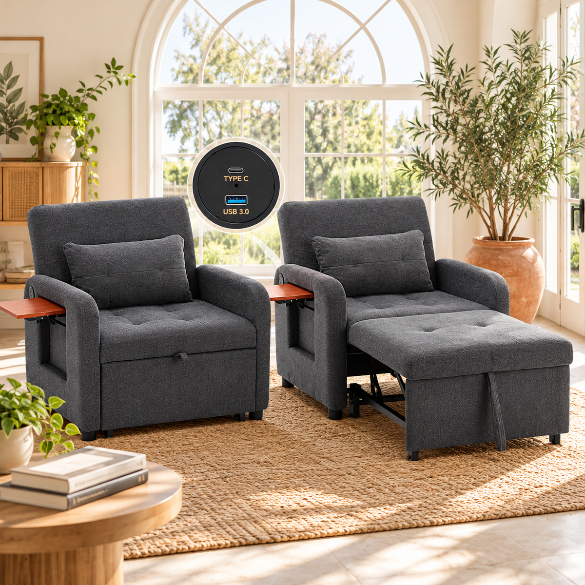 Two gray sleeper chairs, one upright and one extended, with Type-C and USB charging ports