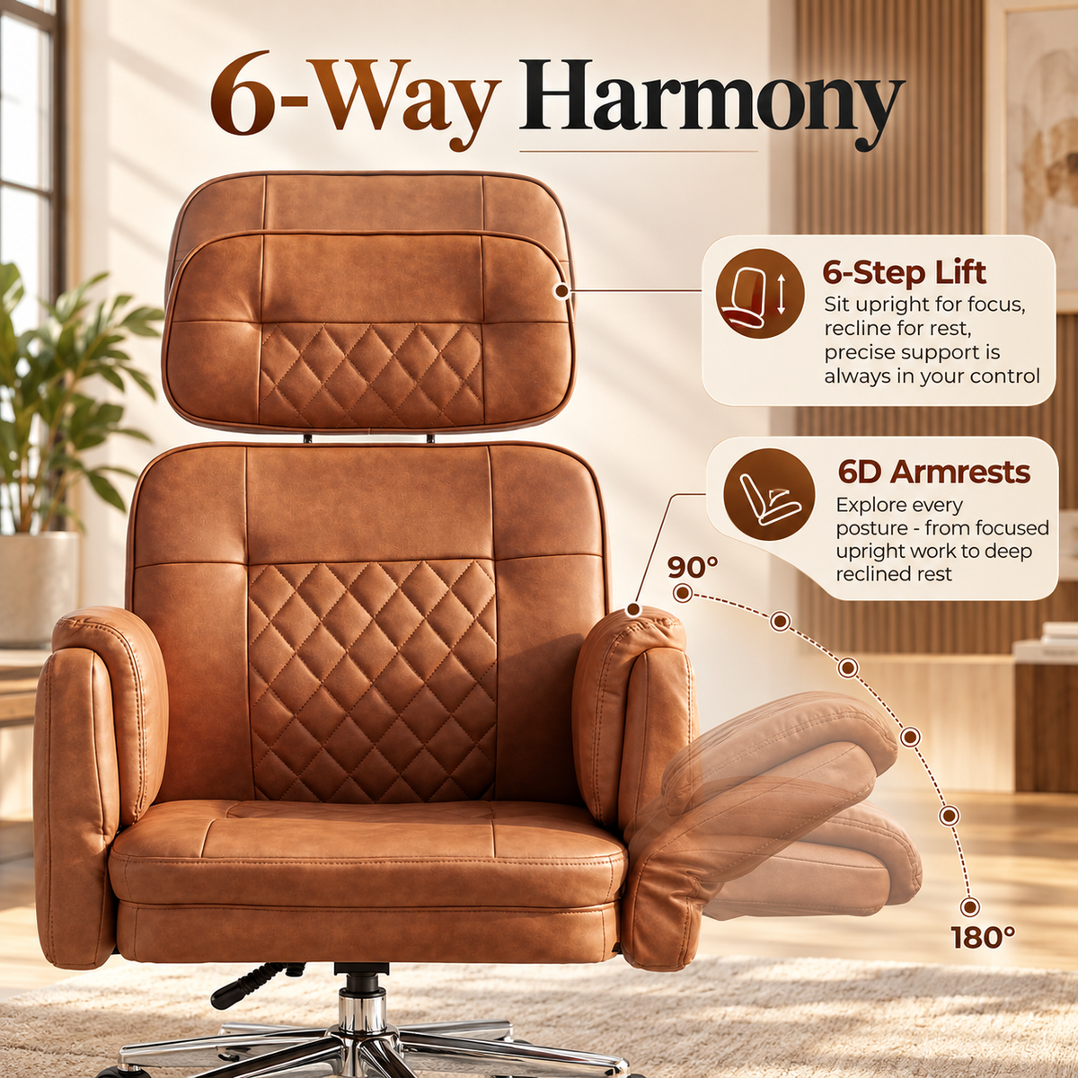 Criss-Cross Big & Tall Executive Office Chair in brown, 6-way lift and pivot armrests