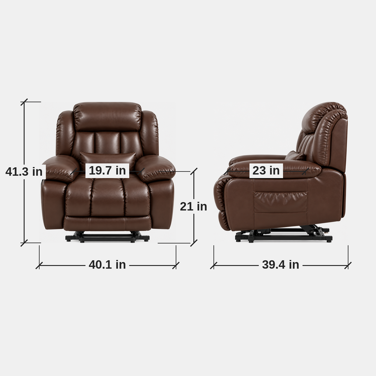 Power lift recliner dimensions graphic showing 41.3 inch height, 40.1 inch width, 39.4 inch depth, 21 inch seat height, 19.7 inch seat width and 23 inch seat depth