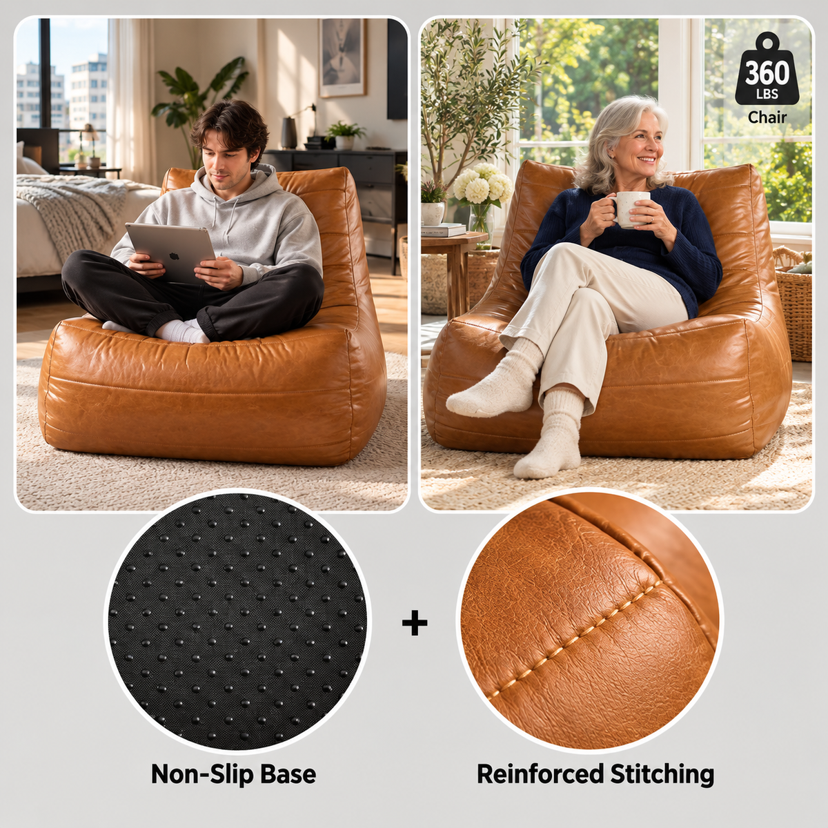 Non-slip base and reinforced stitching on the 360 lb capacity bean bag chair