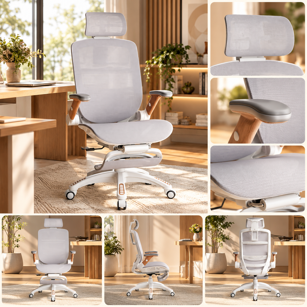 Grey mesh ergonomic chair in a home office with close-ups of headrest, wood-grain arm, and mesh seat