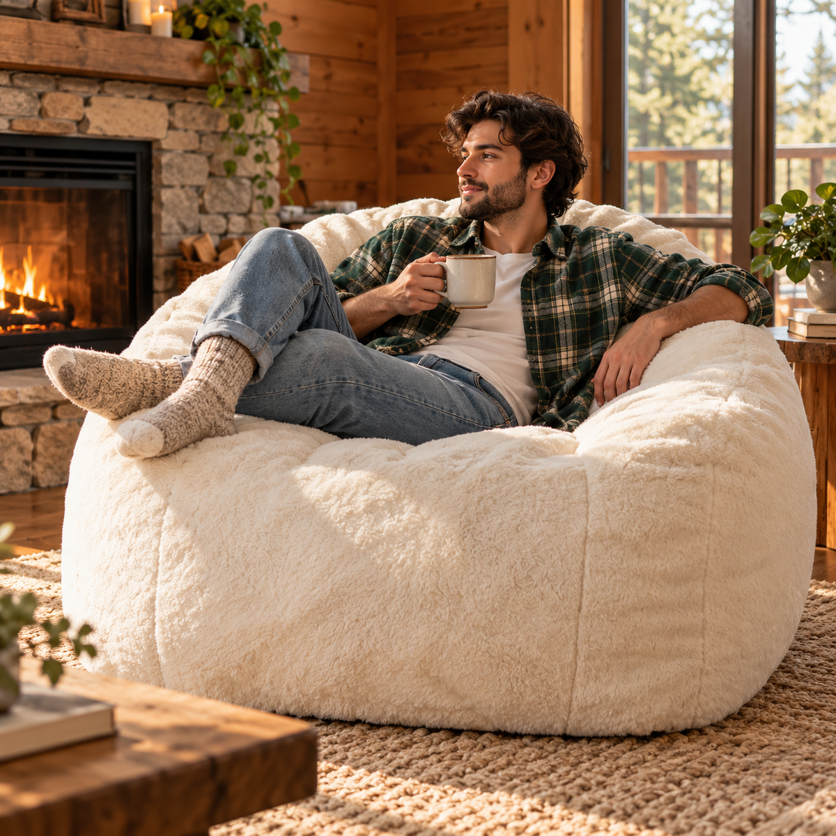 Man with a mug relaxing in the giant faux fur bean bag by a fireplace