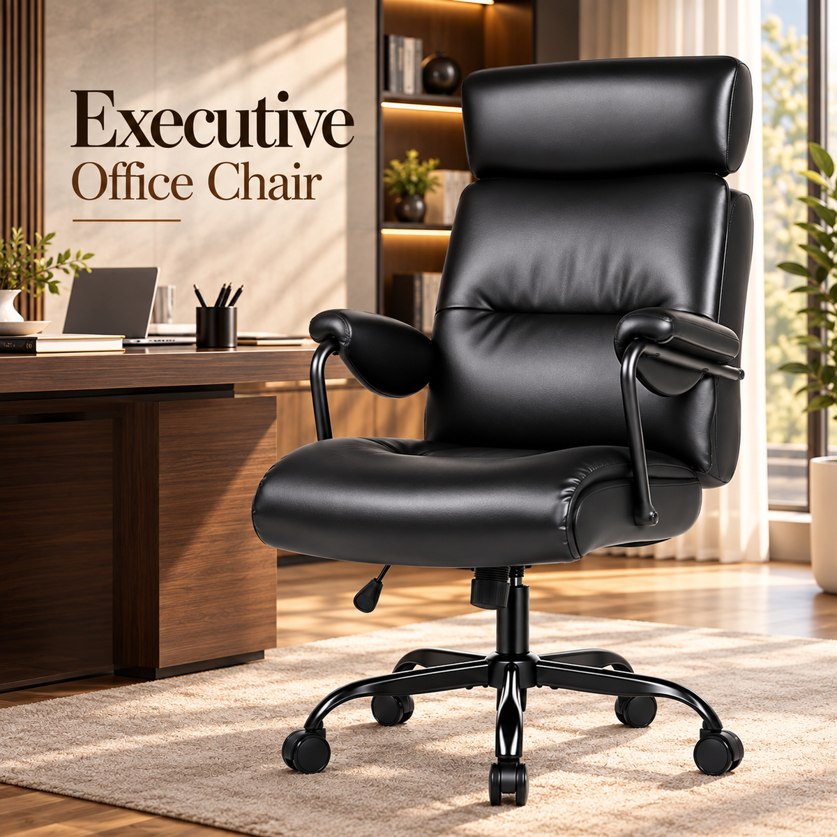 Black high-back executive chair lifestyle in a home office