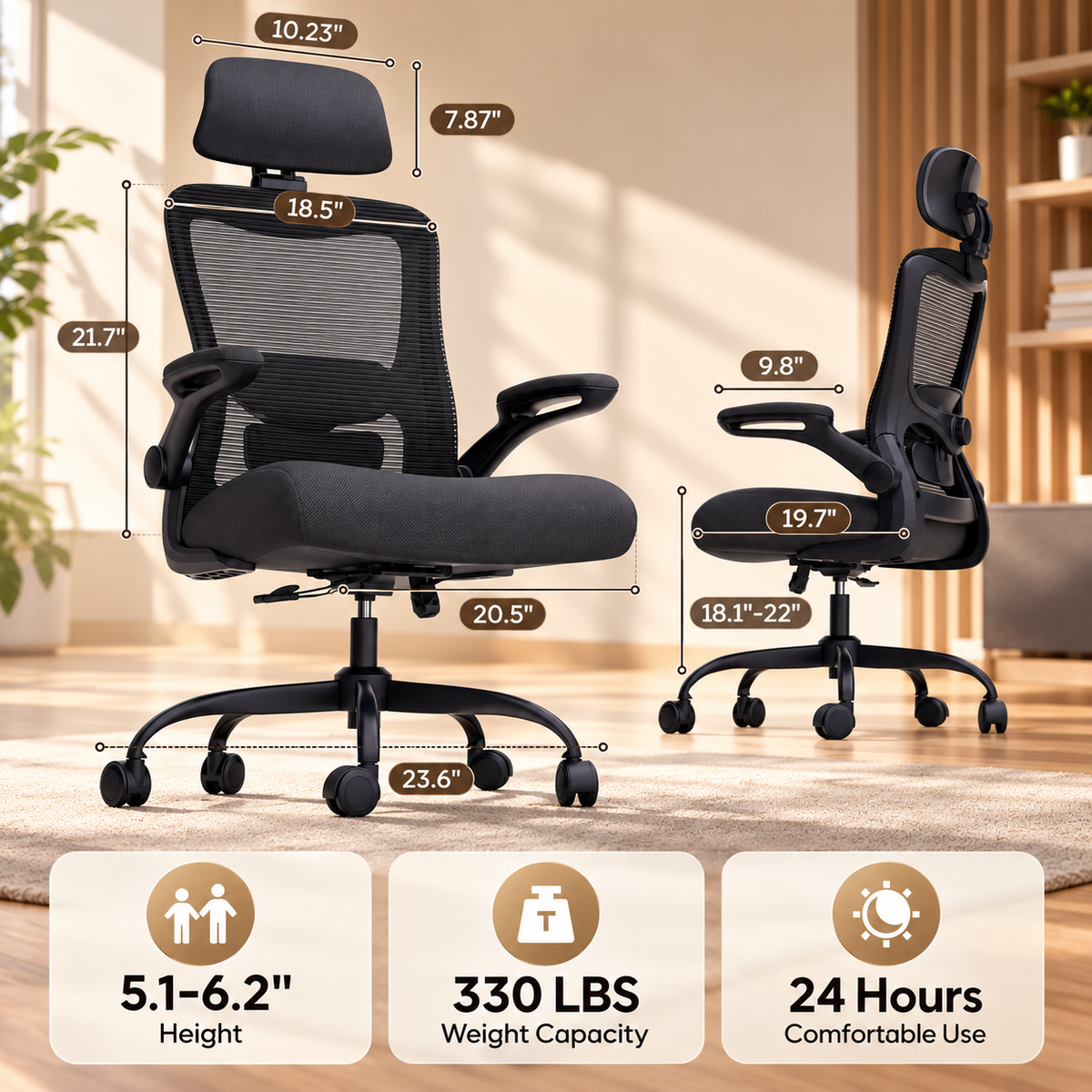 Ergonomic mesh chair dimensions graphic with 330 lb capacity and 5.1 to 6.2 foot user height