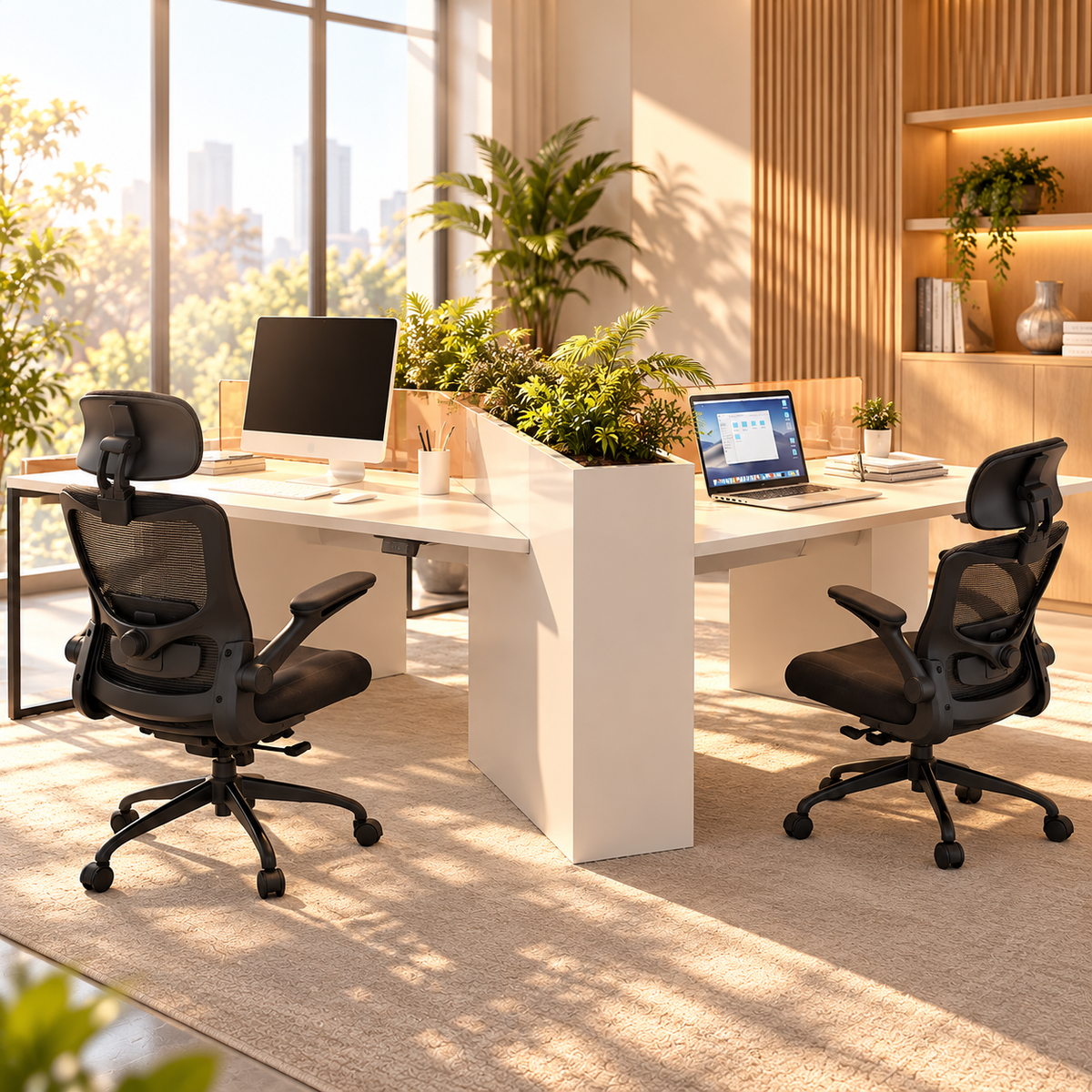 Two black mesh ergonomic chairs at a shared desk in a bright modern office