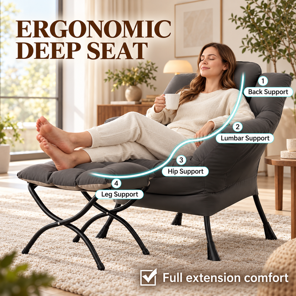 Ergonomic deep seat with back, lumbar, hip and leg support on the chair and ottoman