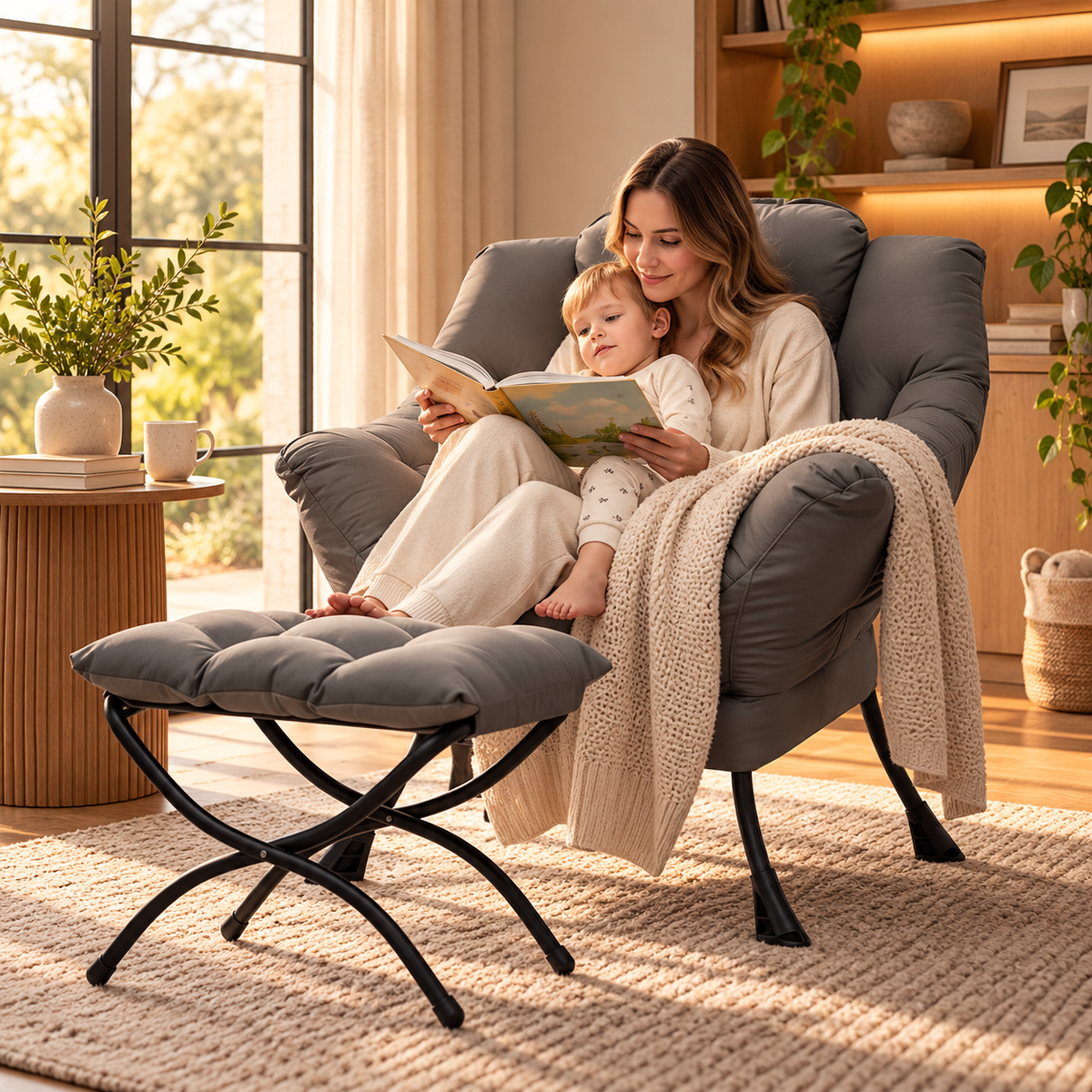 Mother and child reading a book together in the gray lounge chair with ottoman