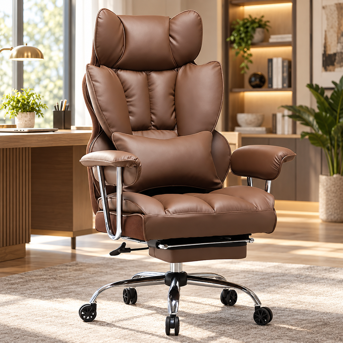 Big & Tall Executive Office Chair with leg rest in brown PU leather, home office, main