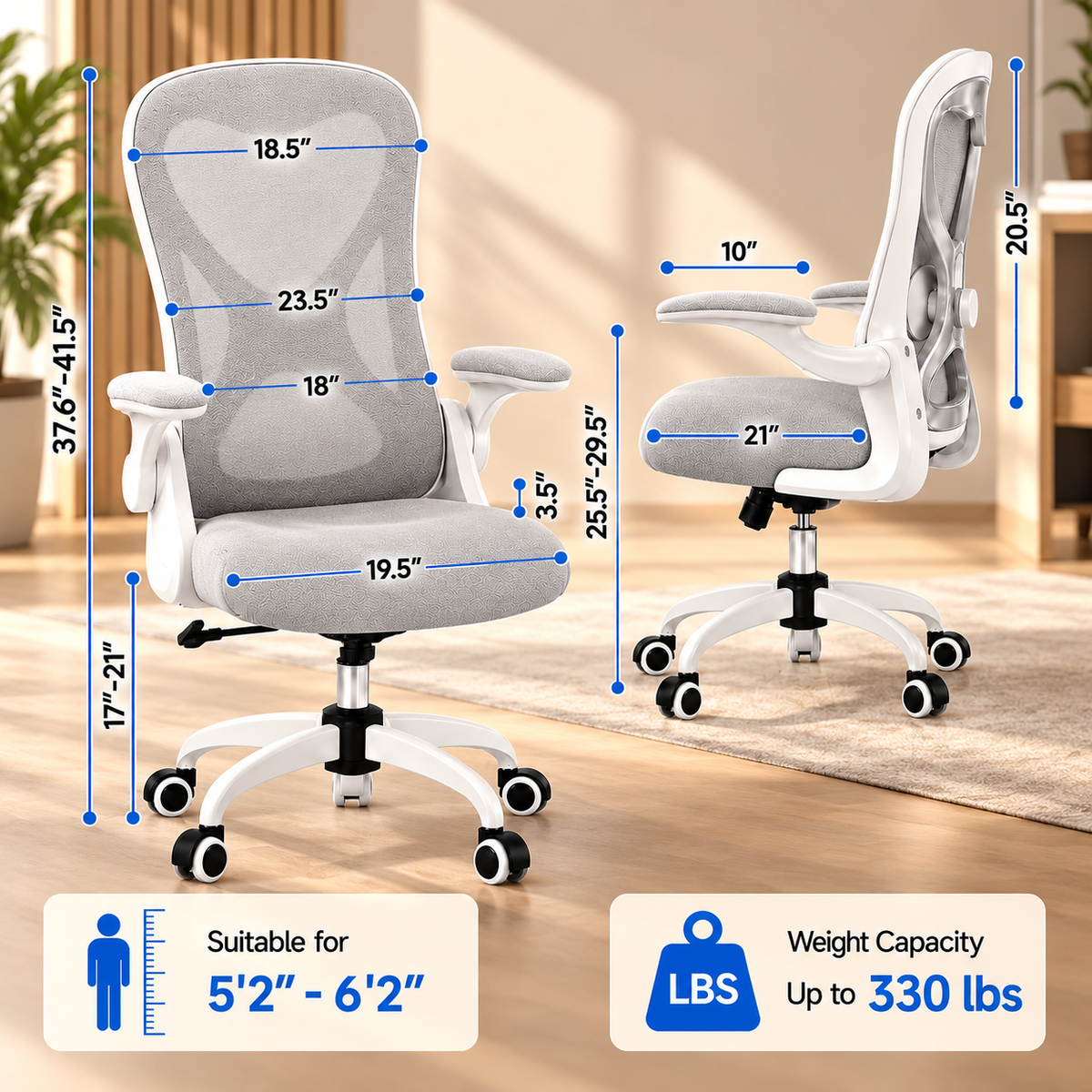 Ergonomic mesh chair dimensions graphic with 330 lb weight capacity and 5 foot 2 to 6 foot 2 user height