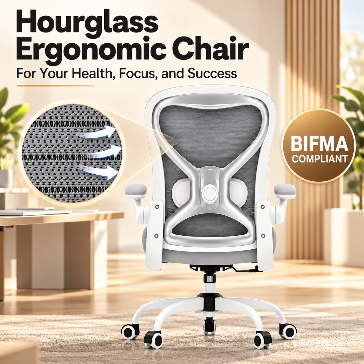 Rear view of the hourglass-shaped ergonomic chair with breathable mesh back close-up