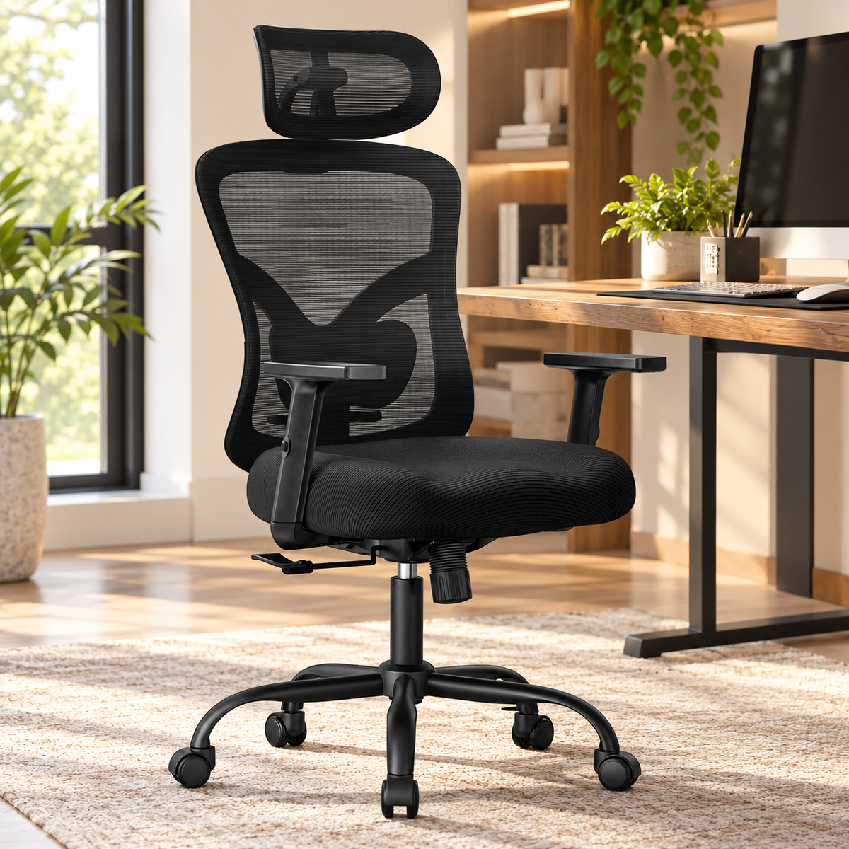 Black high-back mesh ergonomic office chair with adjustable headrest and lumbar support in a home office
