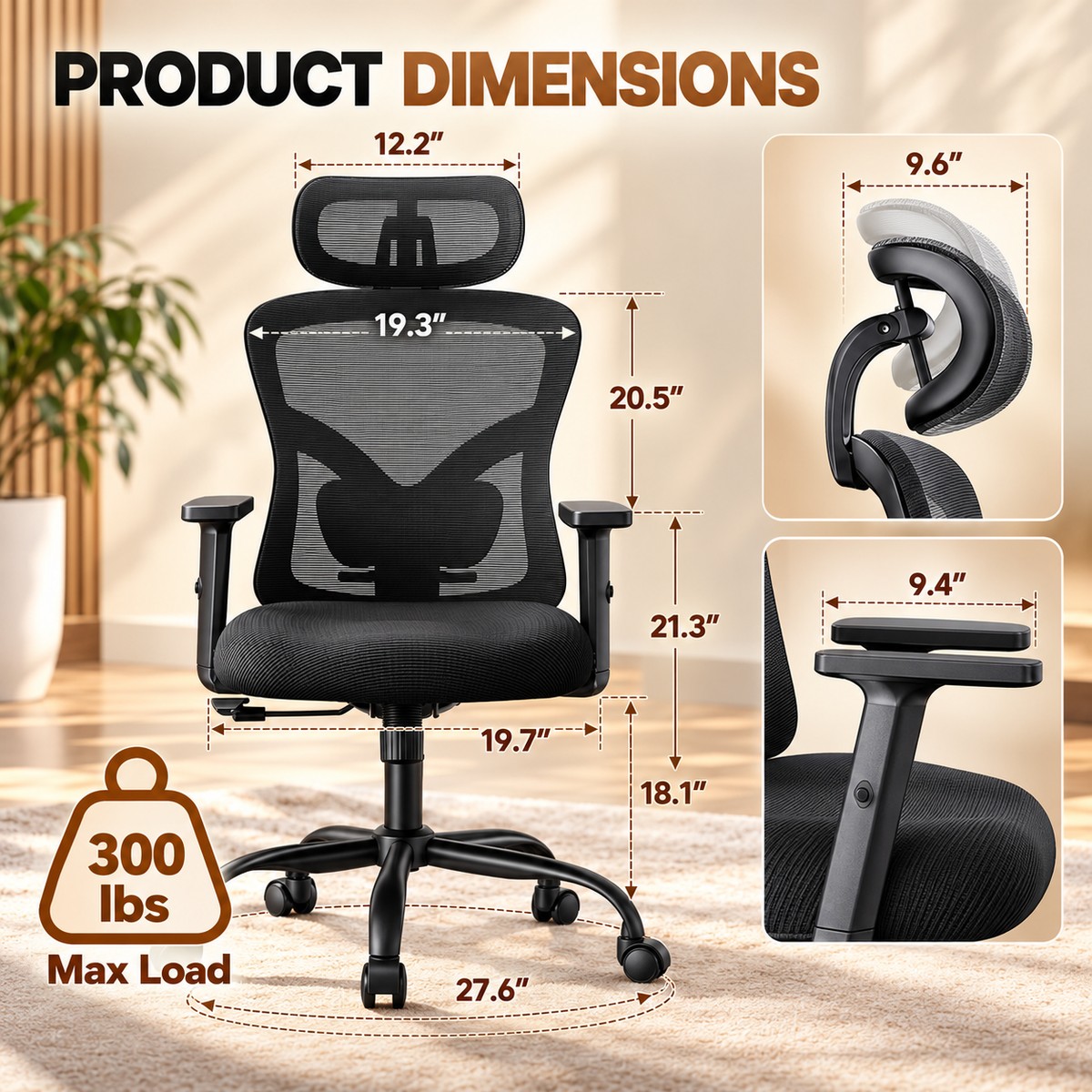 Mesh ergonomic chair dimensions graphic with 300 lb weight capacity